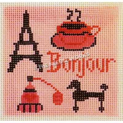 pink square with Bonjour in dark pink, perfume, Eiffel Tower, cup tea, and poodle