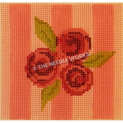 three roses on square with pink stripes