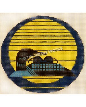 yellow ornament with dark blue stripes and black and blue swan