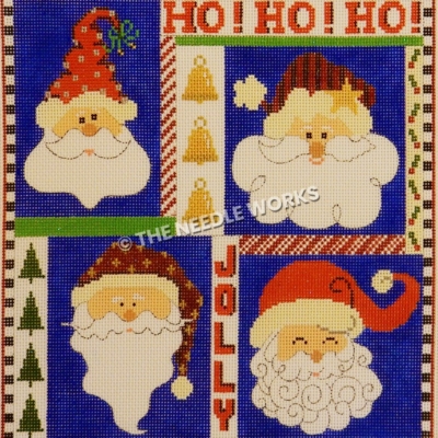 square with four Santas with different hats and Ho! Ho! Ho! and Jolly written in red with gold bells and green trees and black and white square border