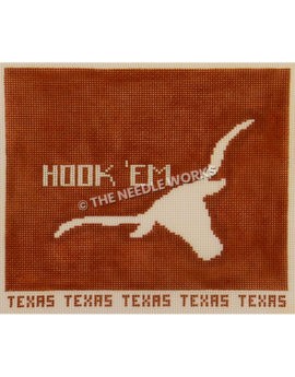 UT flag with white longhorn and Hook 'em on burnt orange rectangle and Texas written at bottom