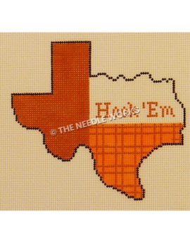Texas shape with burnt orange pattern and Hook 'Em