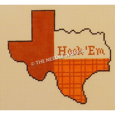 Texas shape with burnt orange pattern and Hook 'Em