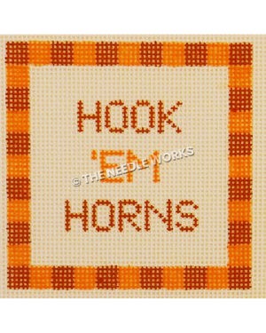 Hook 'em Horns in orange colors on white square with orange square border