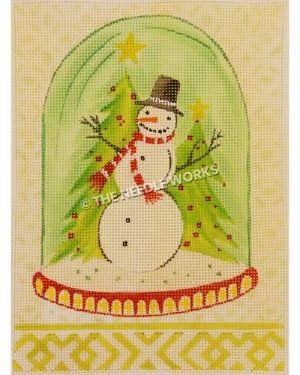 snowman with two Christmas trees inside slow globe on yellow and white plaid patterned background and border