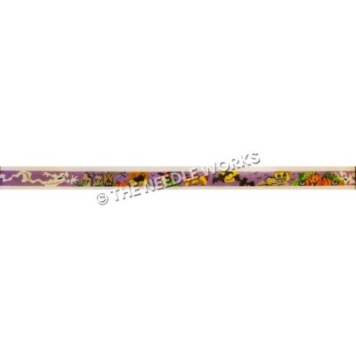 Halloween scene belt with ghost, tombstones, black cat, witch, candy corn, bats in front of full moon, haunted house, and jack-o-lanterns