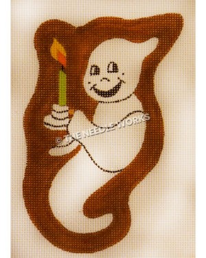 smiling ghost holding a green candle on brown outline background