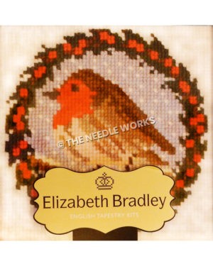 brown bird with red head on blue snowy background with round red and black wreath border