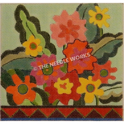 red, pink, yellow and orange flowers on light green background with red geometric border on bottom