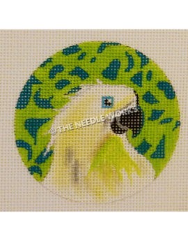 green ornament with abstract dark green pattern and white parrot with blue eye