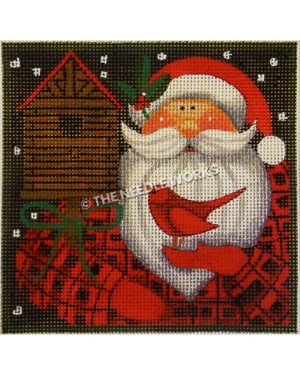 Santa in a red plaid suit next to birdhouse holding red cardinal on night background with snow falling