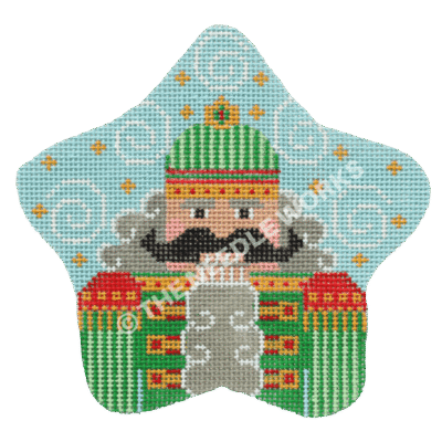 blue star with green nutcracker in gray hair with black mustache
