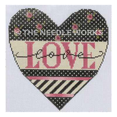 black heart with pink flowers and love in pink with pink and black and white stripes