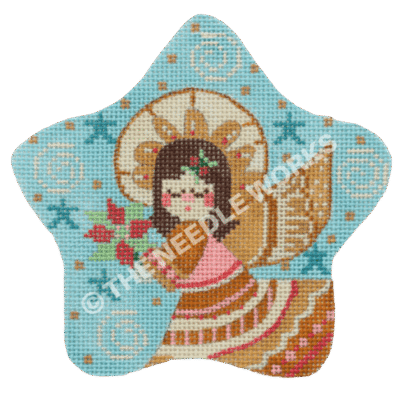 blue star with brunette angel in gold and pink dress holding poinsettia