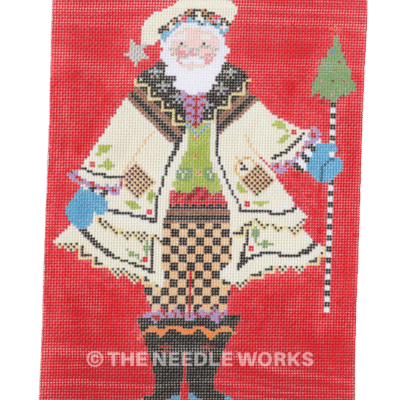 Santa in yellow jacket and hat with green vest and orange and black checkered pants with blue tipped boots carrying black and white cane with Christmas tree on top on red background
