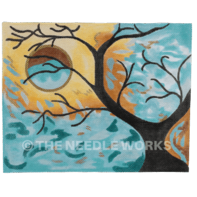 silhouette of tree on aqua background with yellow leaves pattern making outline of circle