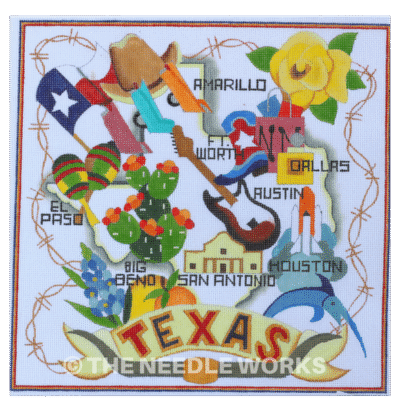 white square with Texas letters in red and blue and shape of Texas with cities and icons including yellow rose, cowboy hat, flag, guitar, boots, Alamo, and bluebonnet