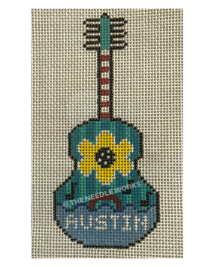 blue and green guitar with Austin in white and yellow flower