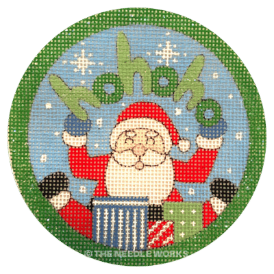 round ornament with Santa holding ho ho ho sign and presents at his seat