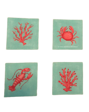 4 squares with beach creatures and plants in pink on seagreen background