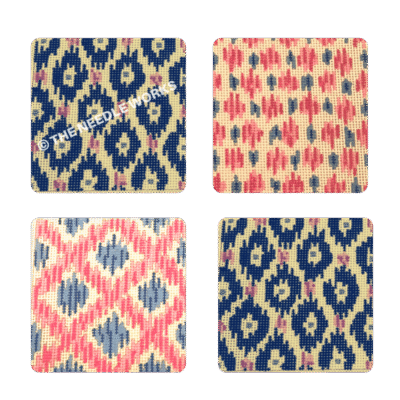4 squares with various patterns in blue, pink and yellow