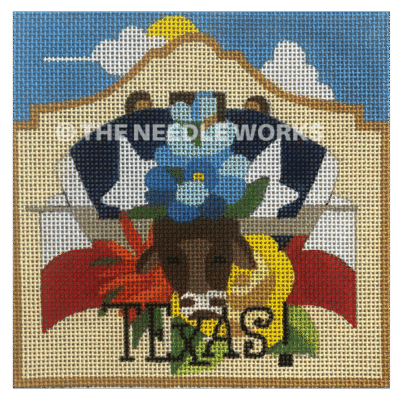 square with Texas theme including shape of the Alamo, Texas flag, bluebonnet, longhorn and yellow rose