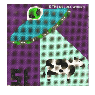 purple square with alien ship shining light on cow and 51 written in black