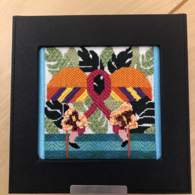pink flamingos in water with breast cancer awareness pink ribbon tying them together in black frame