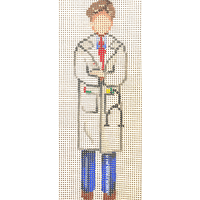 brunette male doctor in blue suit and tie with white doctor coat