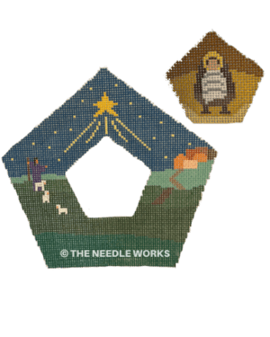 nativity pentagon shaped ornament with separate center section with baby Jesus in manger