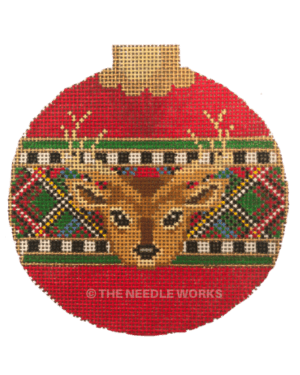 red ornament ball with reindeer and plaid stripe with checkered border