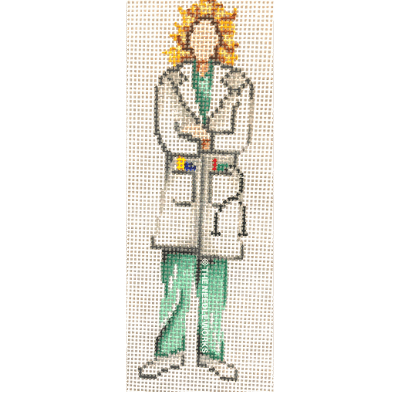 female blonde doctor in green scrubs and white coat