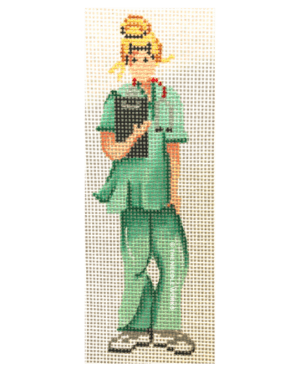 female blonde doctor in green scrubs