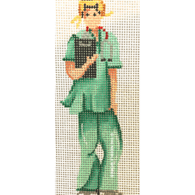 female blonde doctor in green scrubs