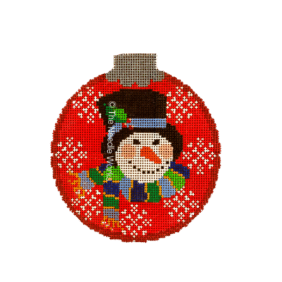 SNOWMAN ORN ON RED W/SNOWFLKS