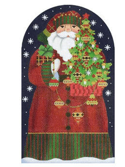 Redbird Santa holding Christmas tree on dark blue snowy background
