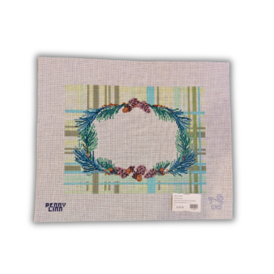 PINE CONE WREATH W/PLAID BKGRD