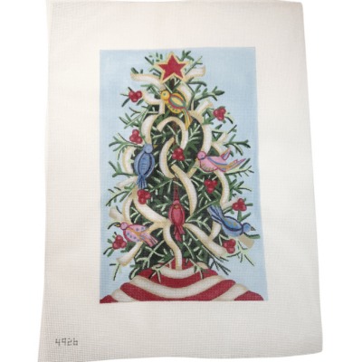 Christmas Tree with Birds on Striped Tree Skirt